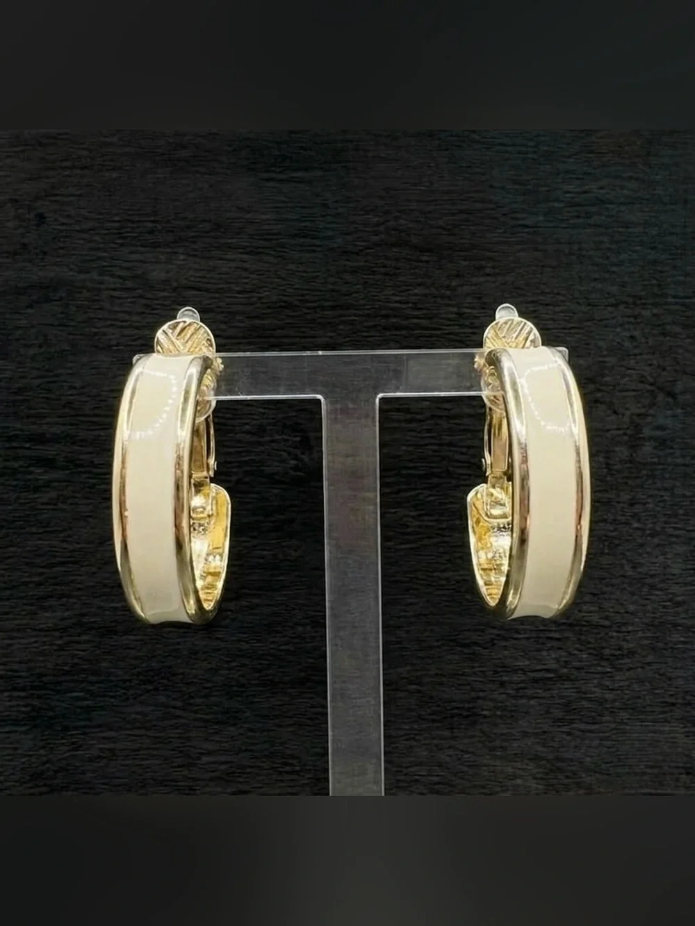 Vintage 90s Trifari Cream Enamel Classic Gold Tone Wide Hoop Clip On Earrings